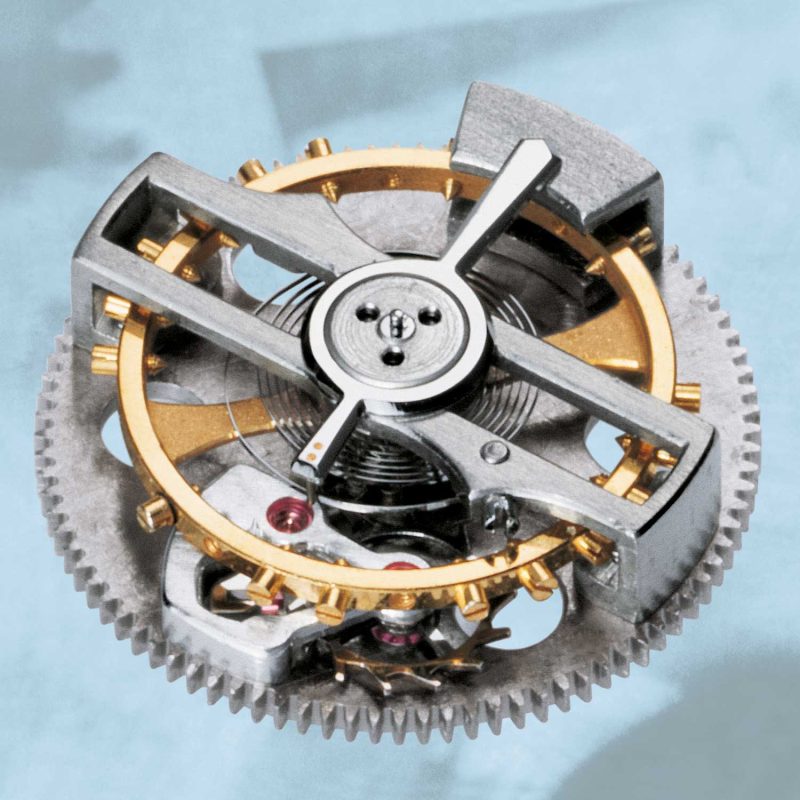 The tourbillon mechanism of the of the Calibre 2870 which weighed but a mere 0.123 grams)