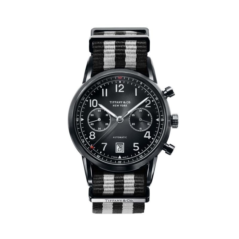 Tiffany CT60® Chronograph 42 mm men’s watch in stainless steel on a black NATO strap (Source: Tiffany & Co)