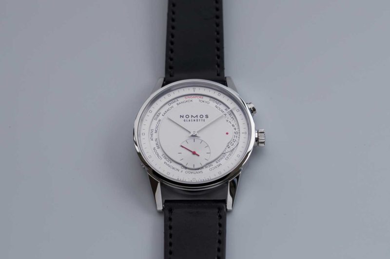 The Nomos Red Dot with a white dial