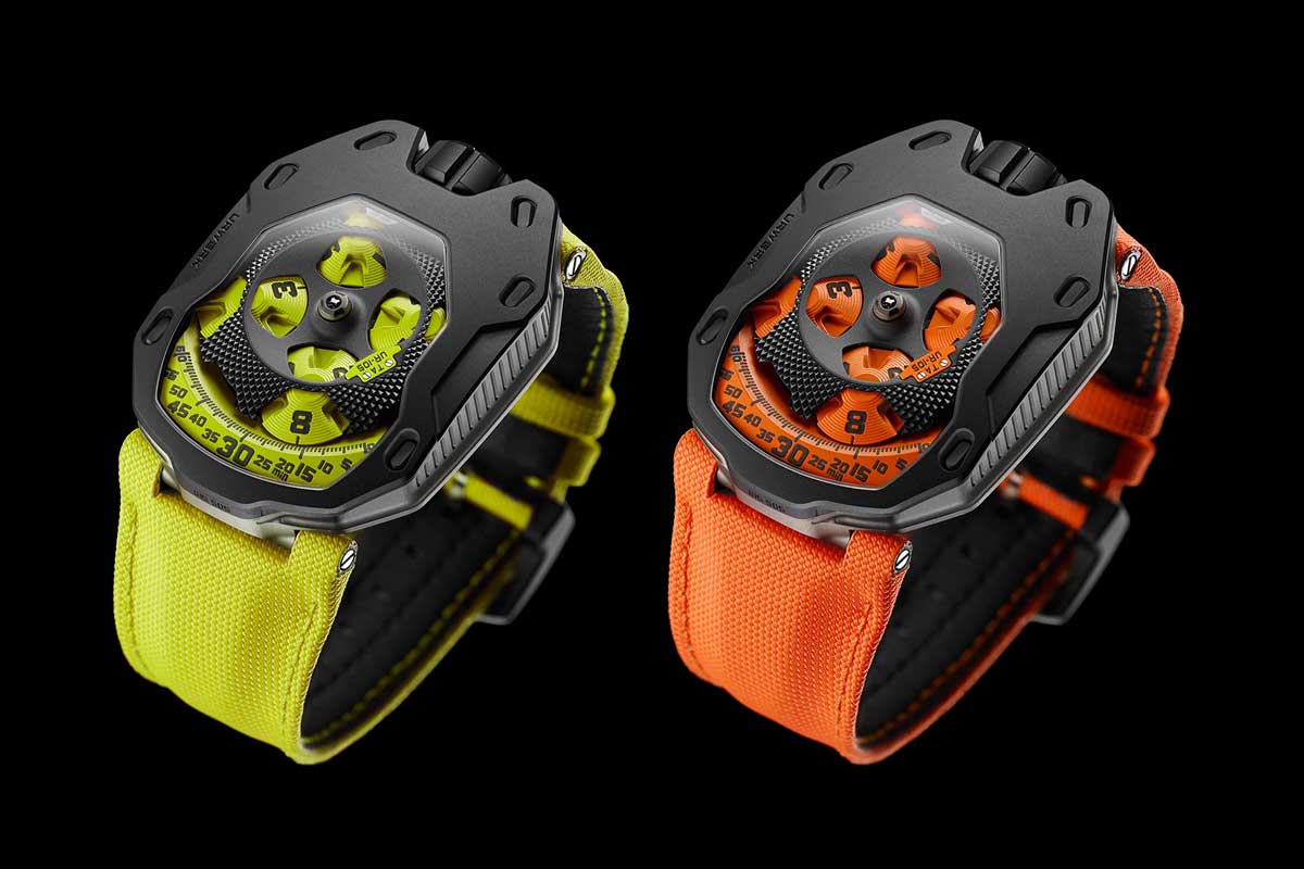 The UR-105 TA a.k.a. "URWERK Knights" was introduced in April of 2015, first in red gold and all black and later in funky Black Lemon and Black Orange versions