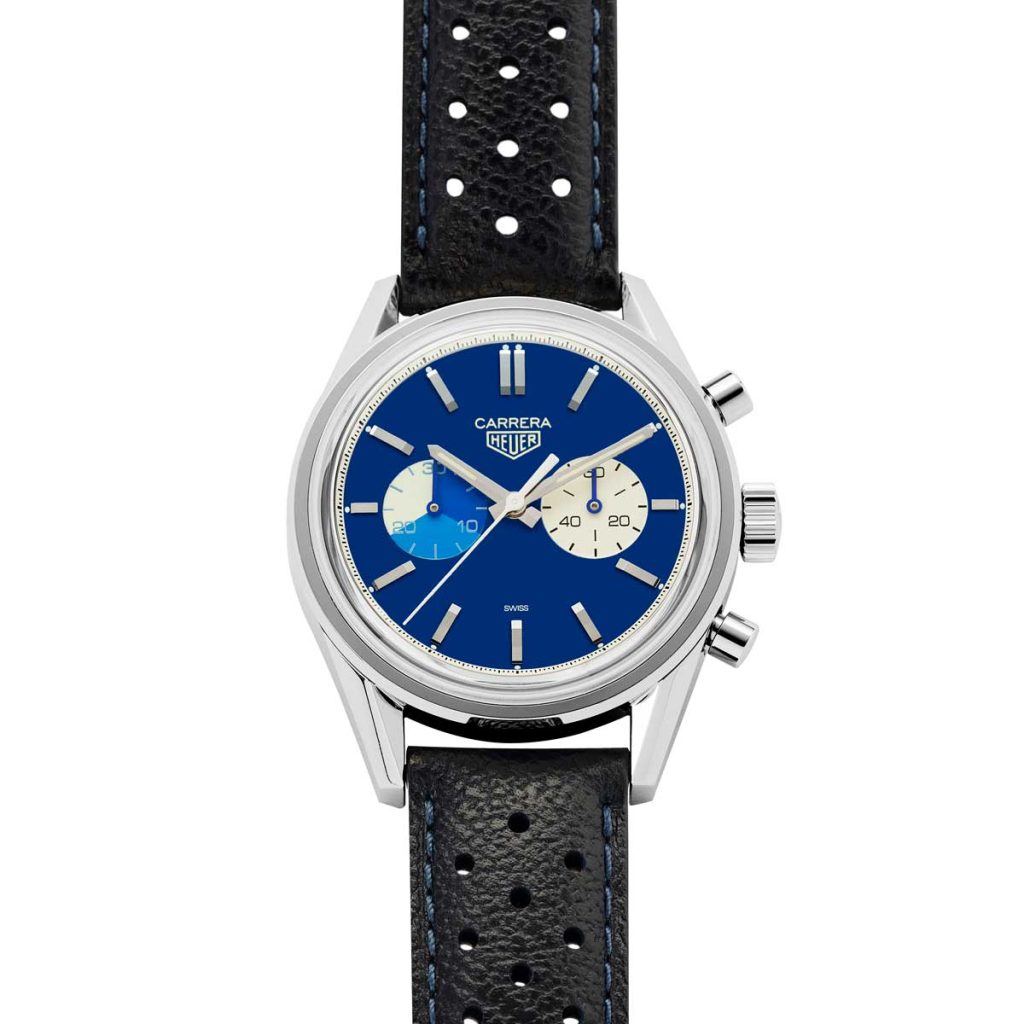 The Revolution x TAG Heuer timepiece on its original blue leather strap