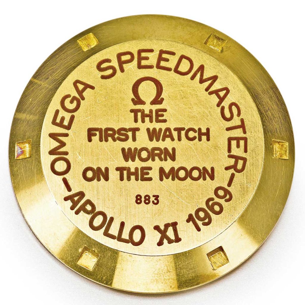 The examples of the Speedmaster BA 145.022 that were intended to be sold to the public, in some instances, had the inscription, "The First Watch Worn On the Moon" in red lacquer filled writing, followed by the number it was out of 1014 made (Image: sothebys.com)