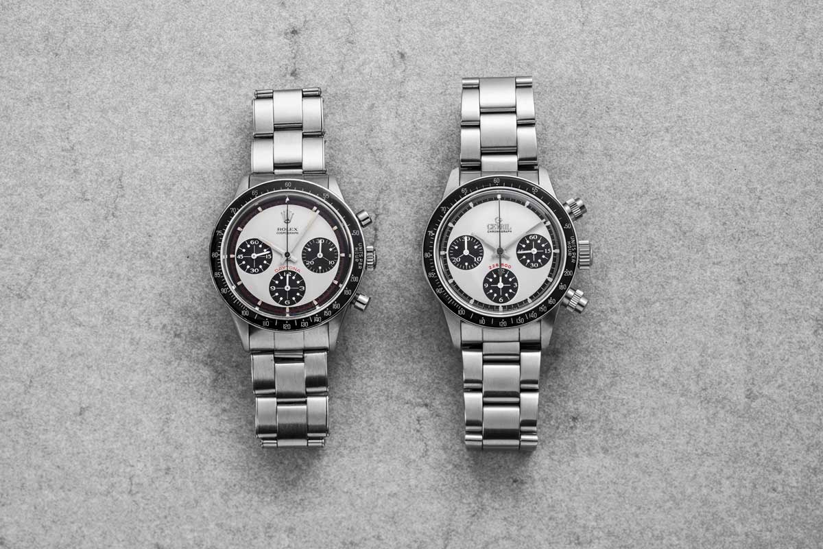 6241 Rolex "Paul Newman" Daytona side-by-side with the Gevril “Panda Dial” Tribeca with black ceramic bezel (© Revolution)