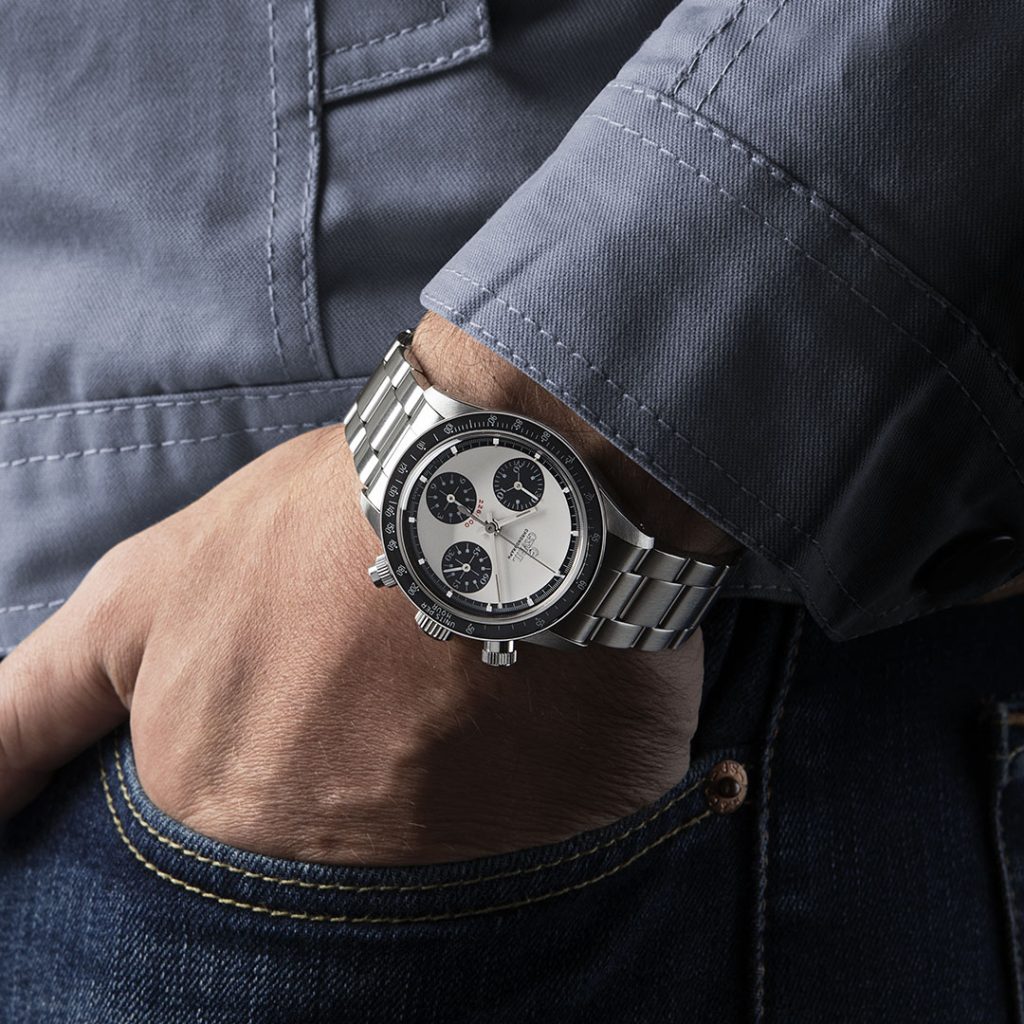 On the wrist: NOS Gevril White “Panda Dial” Tribeca with Black Ceramic Bezel (© Revolution)