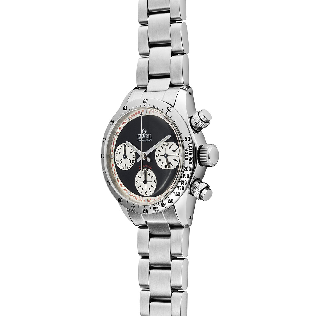 NOS Gevril Tri-Color Tribeca with a steel bezel and a fully polished case (© Revolution)