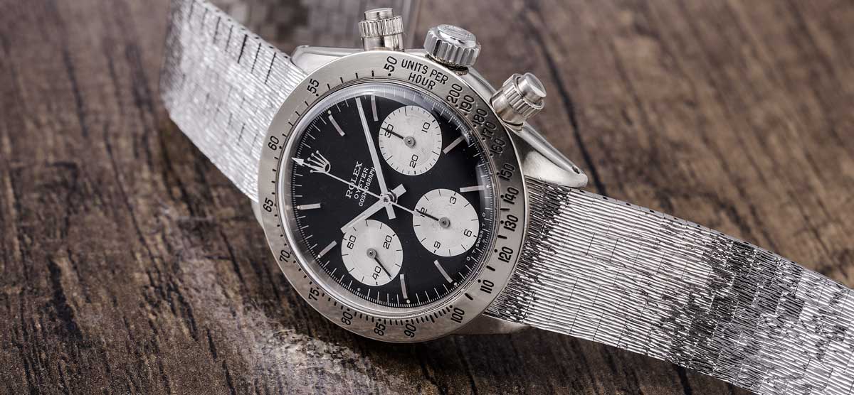 The one of a kind, white gold Rolex Daytona 6265, formerly owned by Rolex scholar and collector John Goldberger, to be auctioned off as part of the Daytona Ultimatum sale of Phillips Watches, on 12 May 2018 (© Revolution)