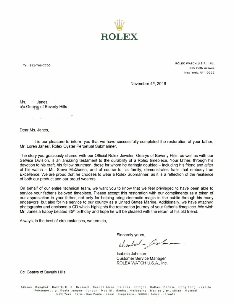 The letter from Rolex on the subject matter of the Submariner 5513 and its authenticity (Image: phillipswatches.com)