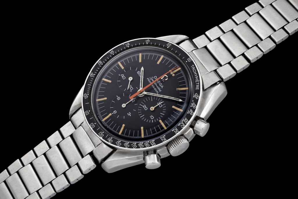 The 1968 Speedmaster ref. ST 145.012-67 with the peculiar orange chrono hand that collectors have nicknamed: The Ultraman, seen here with a tachymeter bezel (Image: moonwatchonly.com)
