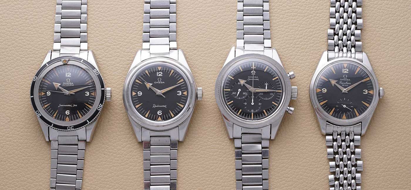 The "Broad Arrow" Family: the ref. CK 2913 Seamaster 300, ref. CK2914 Railmaster, ref. CK2915 Speedmaster and the ref. CK 2990 Ranchero (Image: @PhillipsWatches)
