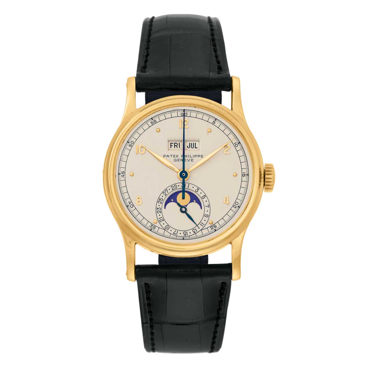 1941: Patek Philippe’s first series-produced perpetual calendar wristwatch, the Ref. 1526, also established the company’s signature dial layout of two apertures and a central subdial. This model was 34mm and fitted with the hand-wound caliber 12-120 Q