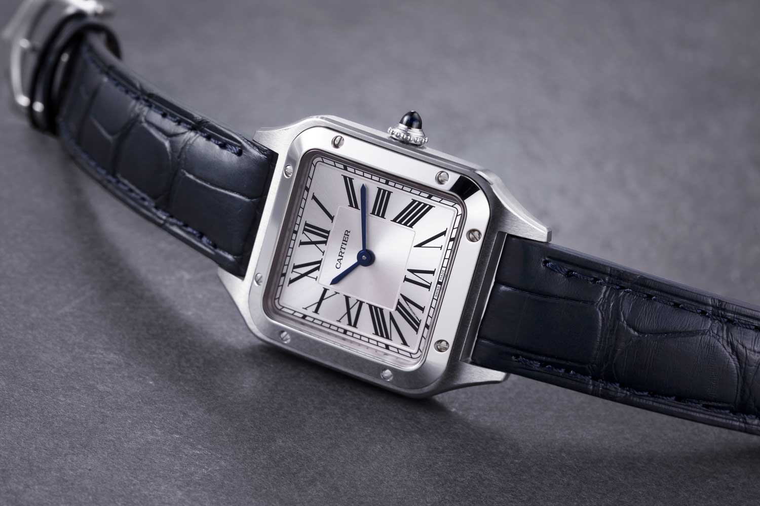 The 2019 Cartier Santos-Dumont Watch, measuring in at 31.4 x 43.5 mm, in stainless steel; powered by a quartz movement (©Revolution)