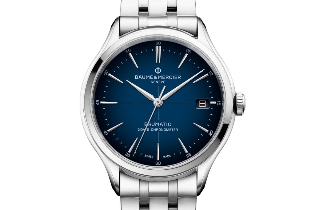 Clifton Baumatic COSC with striking blue to black graduated sunburst dial, sporting a white minute track and rhodium-plated hands
