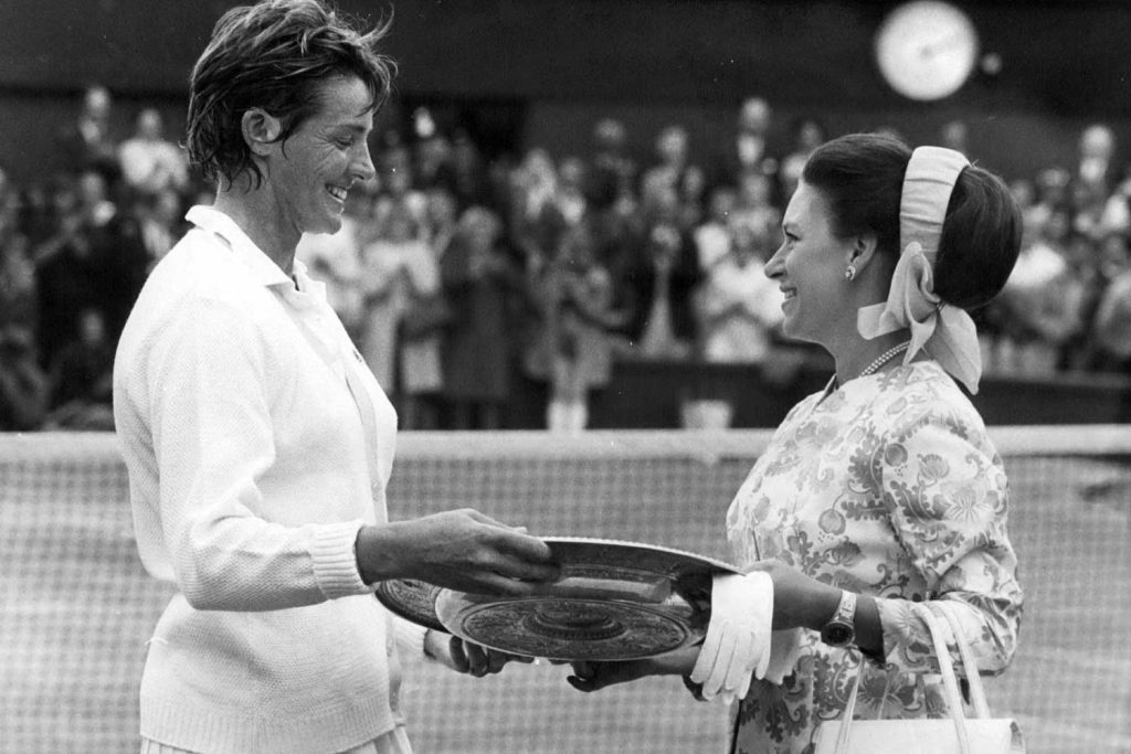 Princess Margaret, wearing an oversized men’s watch, presents Margaret Court with the Ladies’ Singles Trophy at Wimbledon in 1970