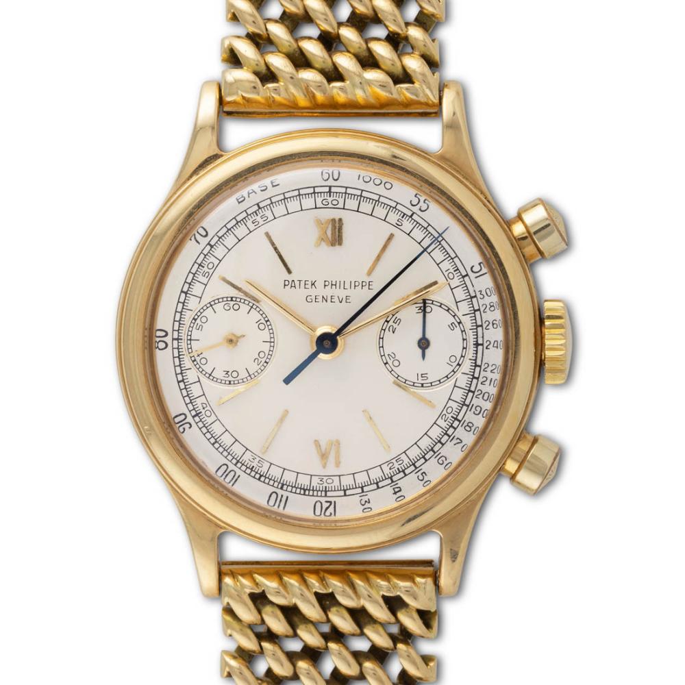 Lot 102: Patek Philippe – “Tasti tondi”, ref. 1463, in yellow-gold 18k, Gay Fréres yellow-gold 18k bracelet, accompanied with Patek extract of archives