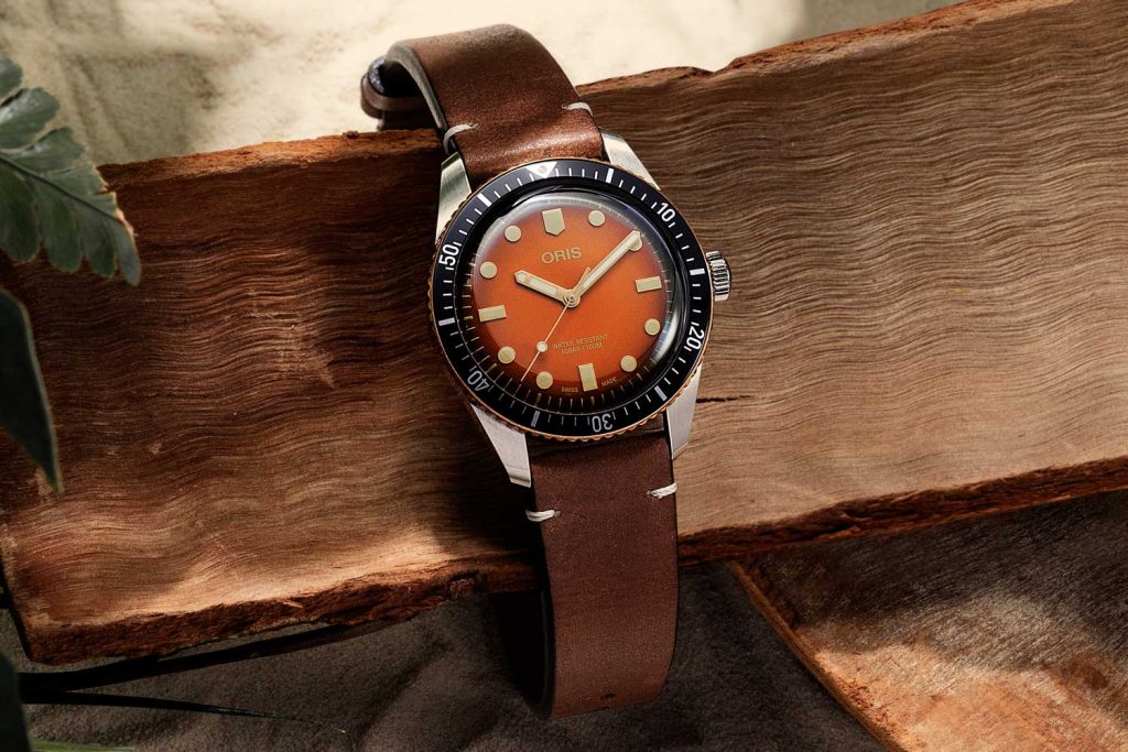 The Oris x The Rake and Revolution Divers Sixty-Five “Honey” in leather strap (Image © Revolution)