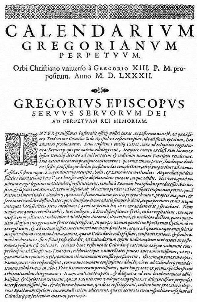 First page of the papal bull issued by Pope Gregory XIII that decreed the Gregorian calendar into existence