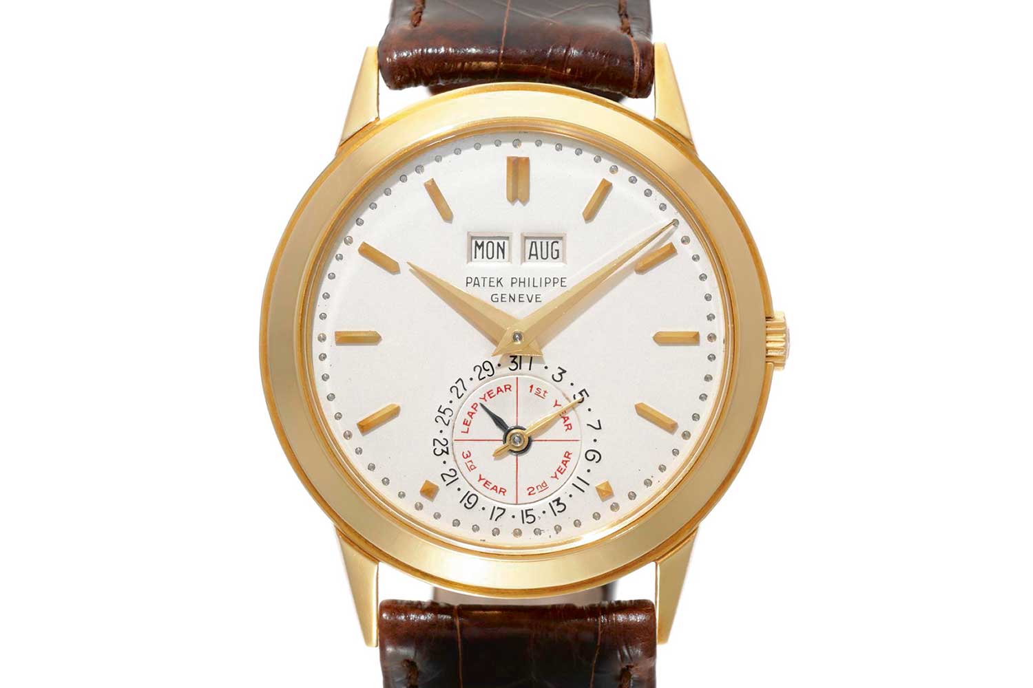 A unique Patek Philippe ref. 3448, with a leap year display instead of a moon phase shown on the subdial, circa 1975