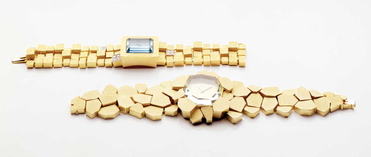 The gold work used to craft the bracelet for Caribbean (bottom watch, below Carré) is a bravura display of Grima’s design and his craftsmen’s skill at the bench. The matte yellow-gold “paving stones” are jointed at varying levels to give depth and movement to the bracelet. Putting such a jigsaw together, so that the bracelet is sinuous and articulated, demands great ingenuity and genius hands. The Carré watch face is a pool of aquamarine blue, subtly suggesting time submerged beneath water