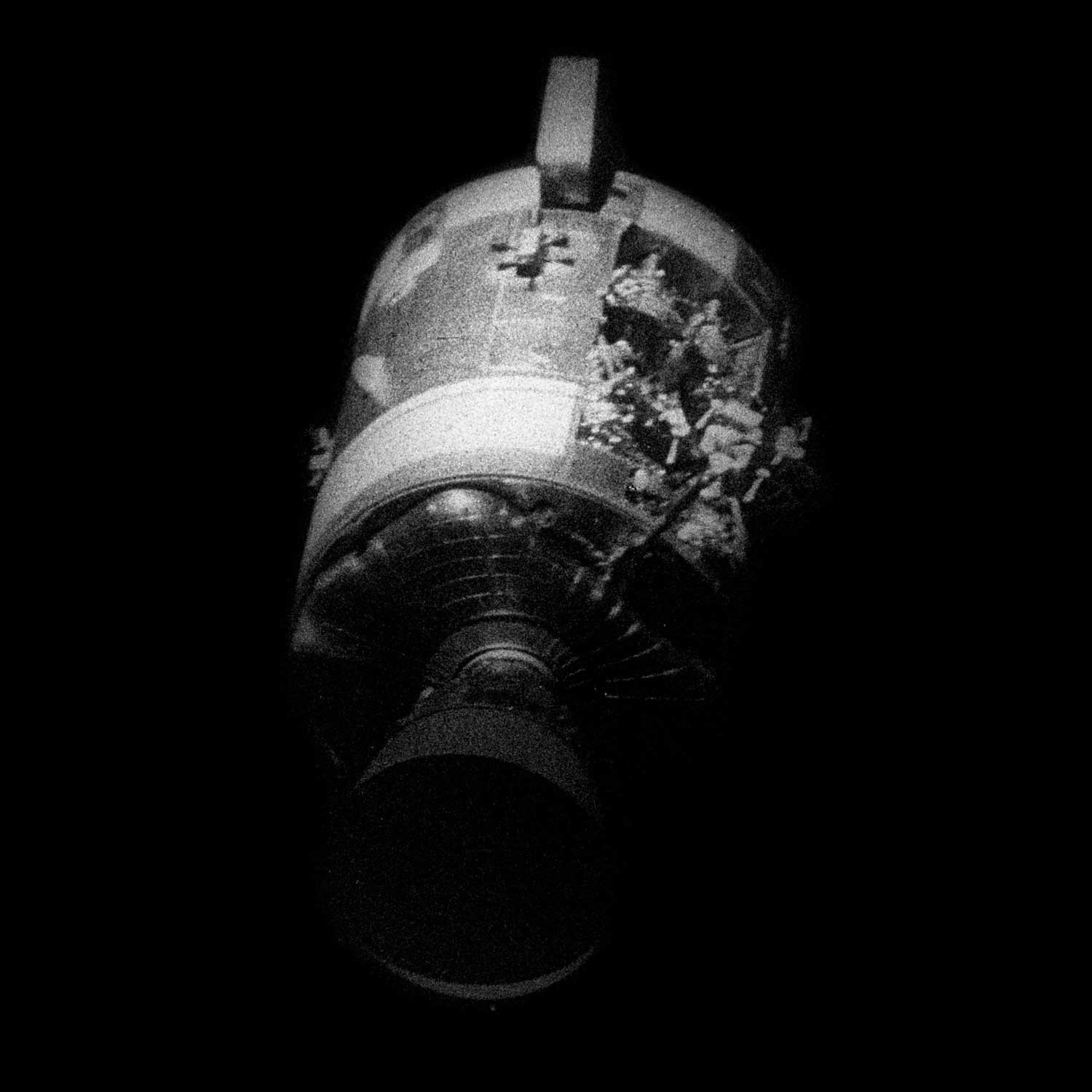 View of the severely damaged Apollo 13 Service Module after separation, 17 April 1970. (Image: NASA)