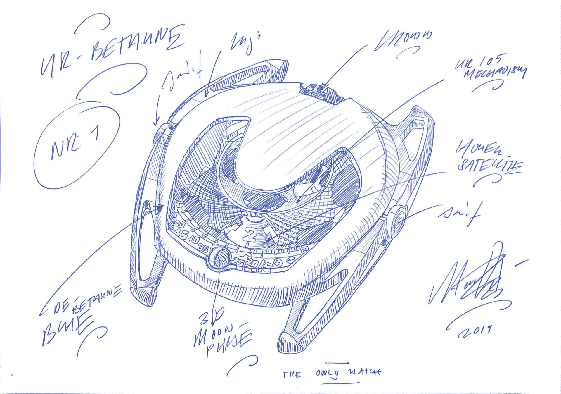 De Bethune X Urwerk Moon Satellite Only Watch 2019 concept sketch
