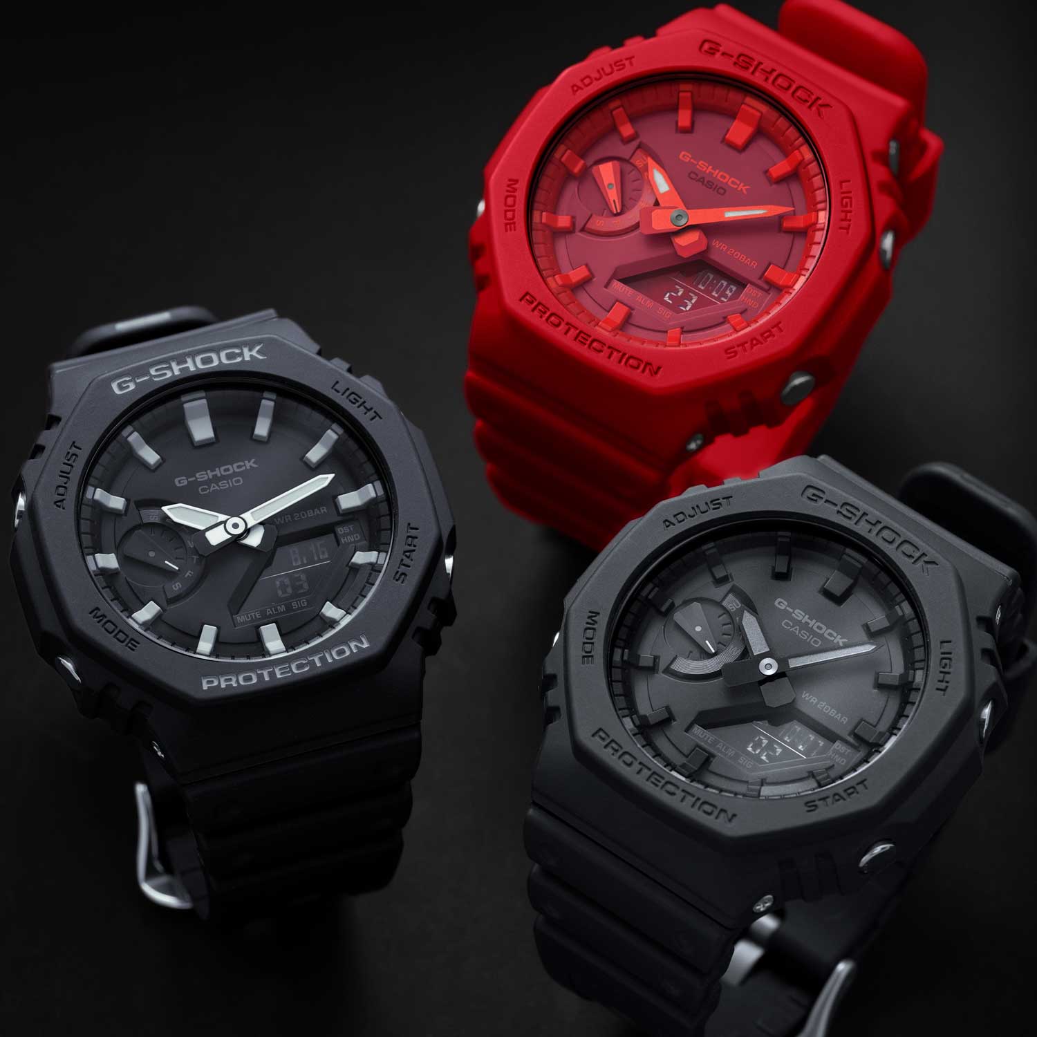 The trio of launch G-SHOCK GA-2100 watches (Image © Revolution)