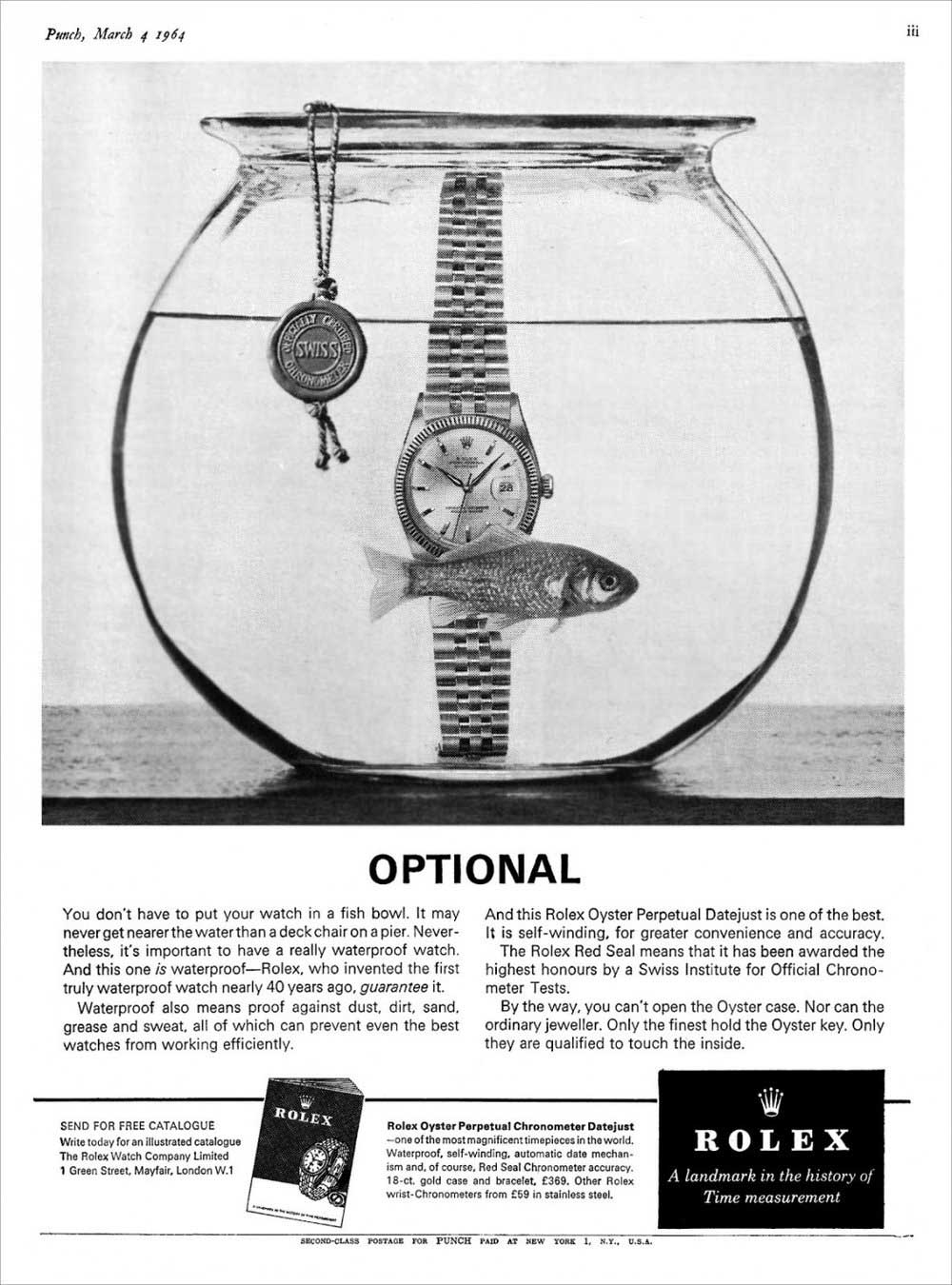 Magazine ad extolling the waterproof capability of the Oyster case