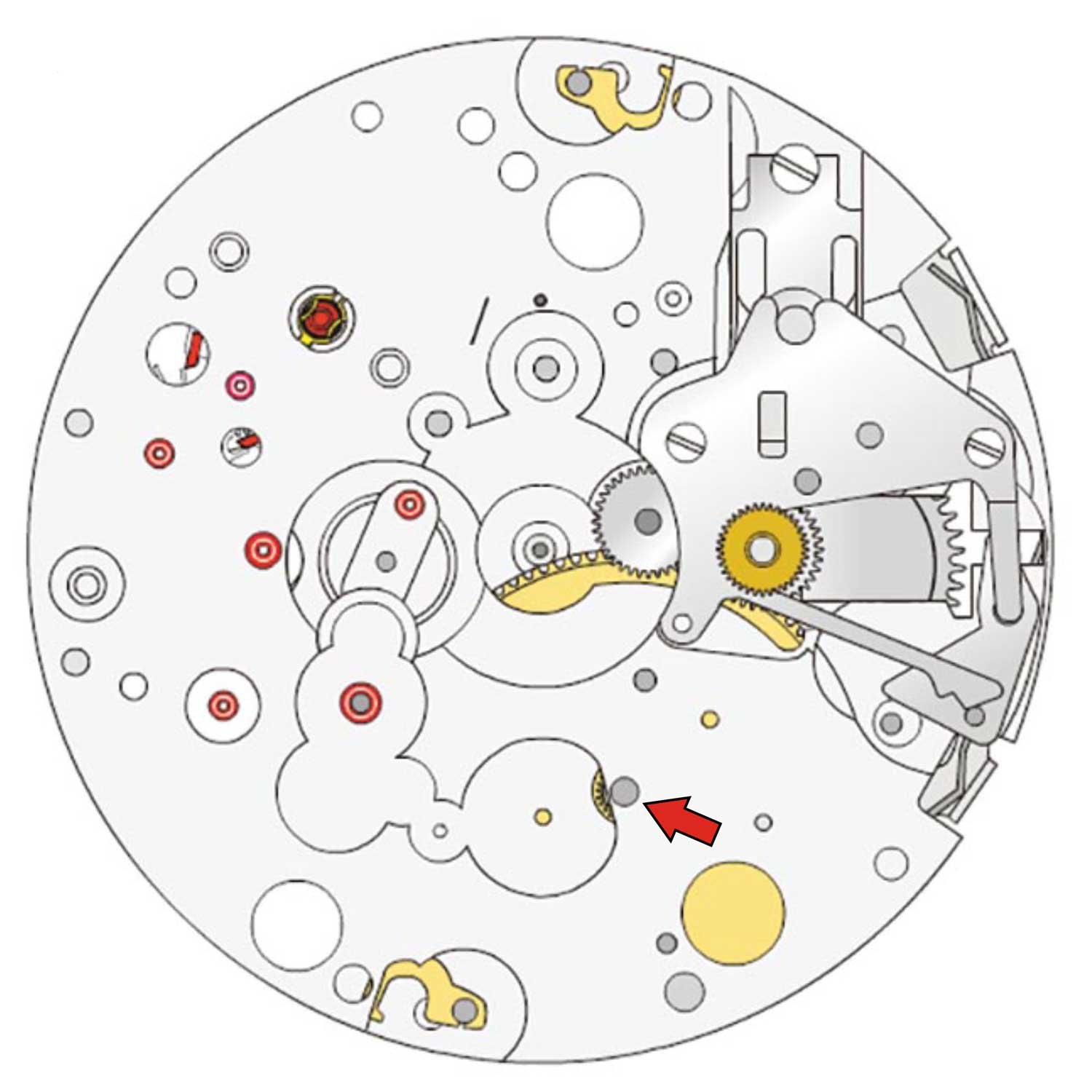 The chronograph hour wheel is set in an unjeweled hole and driven by a pinion on the barrel arbor, as indicated by the red arrow