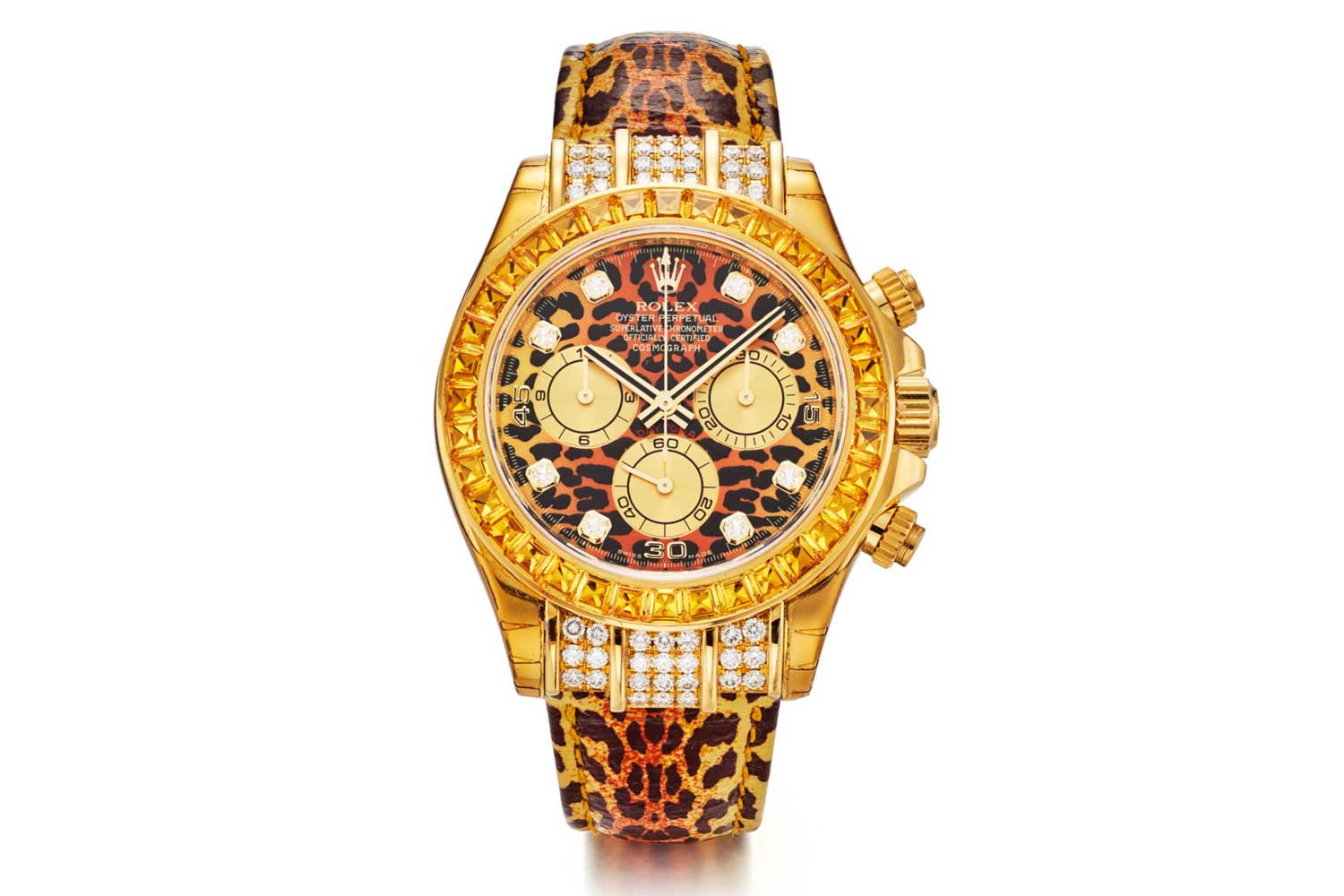 Lot 255: Rolex Ref. 116598, Daytona Leopard 18K Yellow Gold, Diamond and Cognac Sapphire Bezel