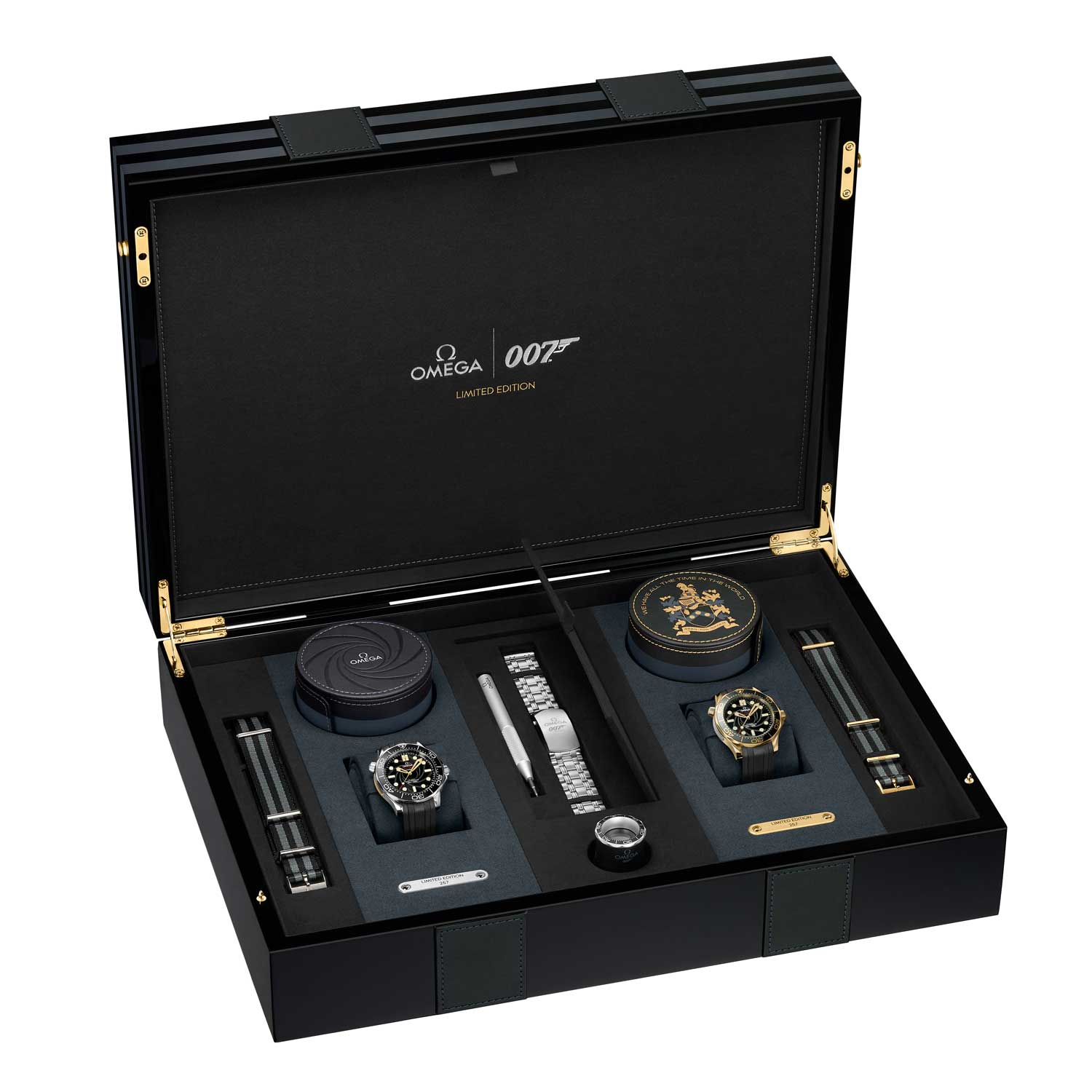 OMEGA James Bond Limited Edition Set including the 42mm stainless steel and 18K yellow gold Seamaster Diver 300M watches