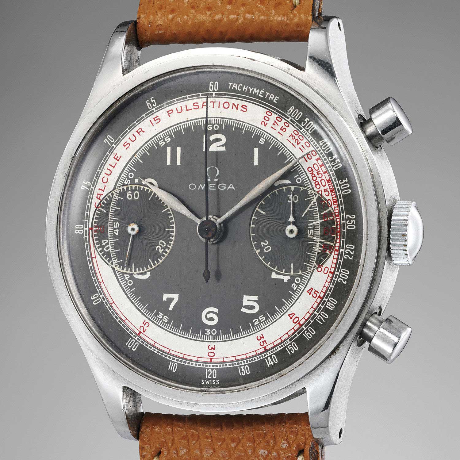 Lot 187: Omega Ref. 2077-4. A very charismatic stainless steel chronograph wristwatch with grey dial, tachymeter and pulsometer scales