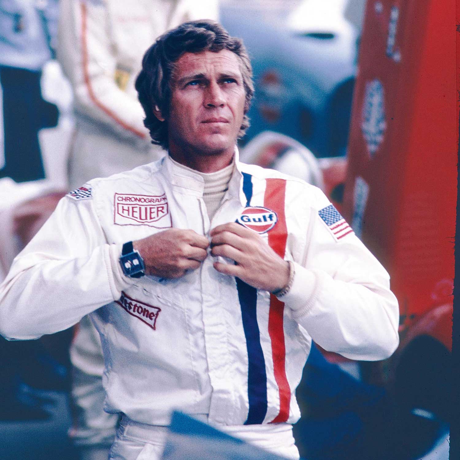 Steve McQueen styled like Joseph Siffert for the Le Mans movie, with a Monaco 1133 B on his wrist.