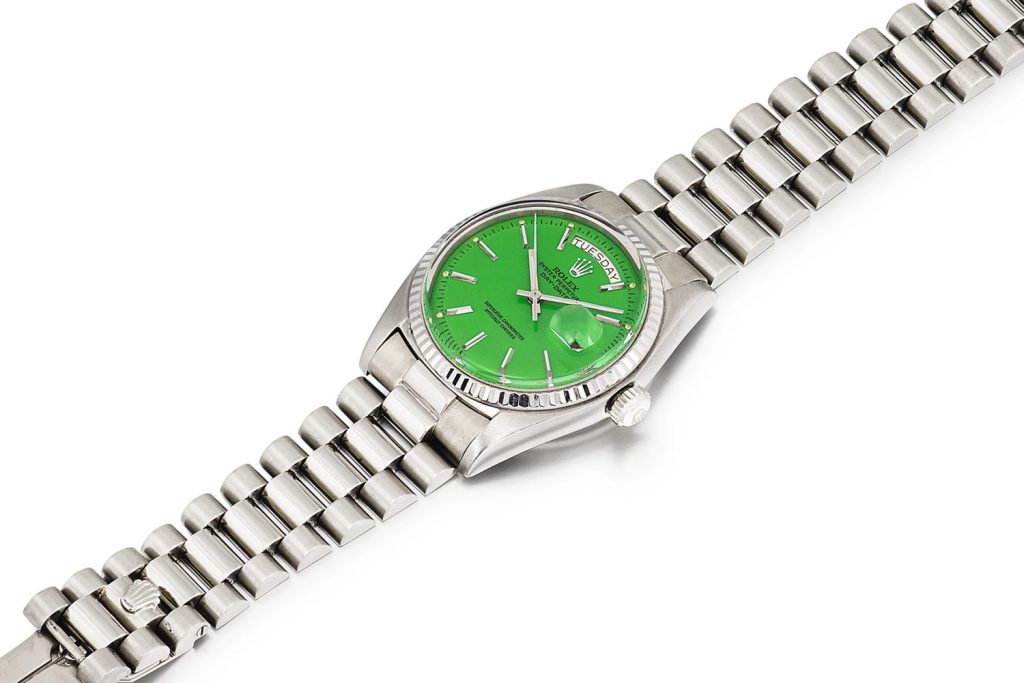 Lot 384: Rolex 'Stella' Day-Date Ref. 1803. White gold wristwatch with day, date and green Stella dial, circa 1974