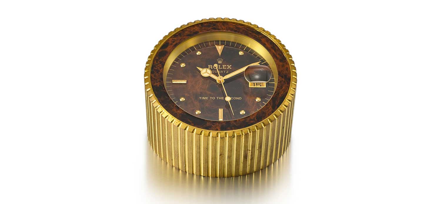 Lot 8115: Rolex - Reference 455, a Heavy Gilt Brass Display Desk Clock With Stop Feature And Date, Circa 1985