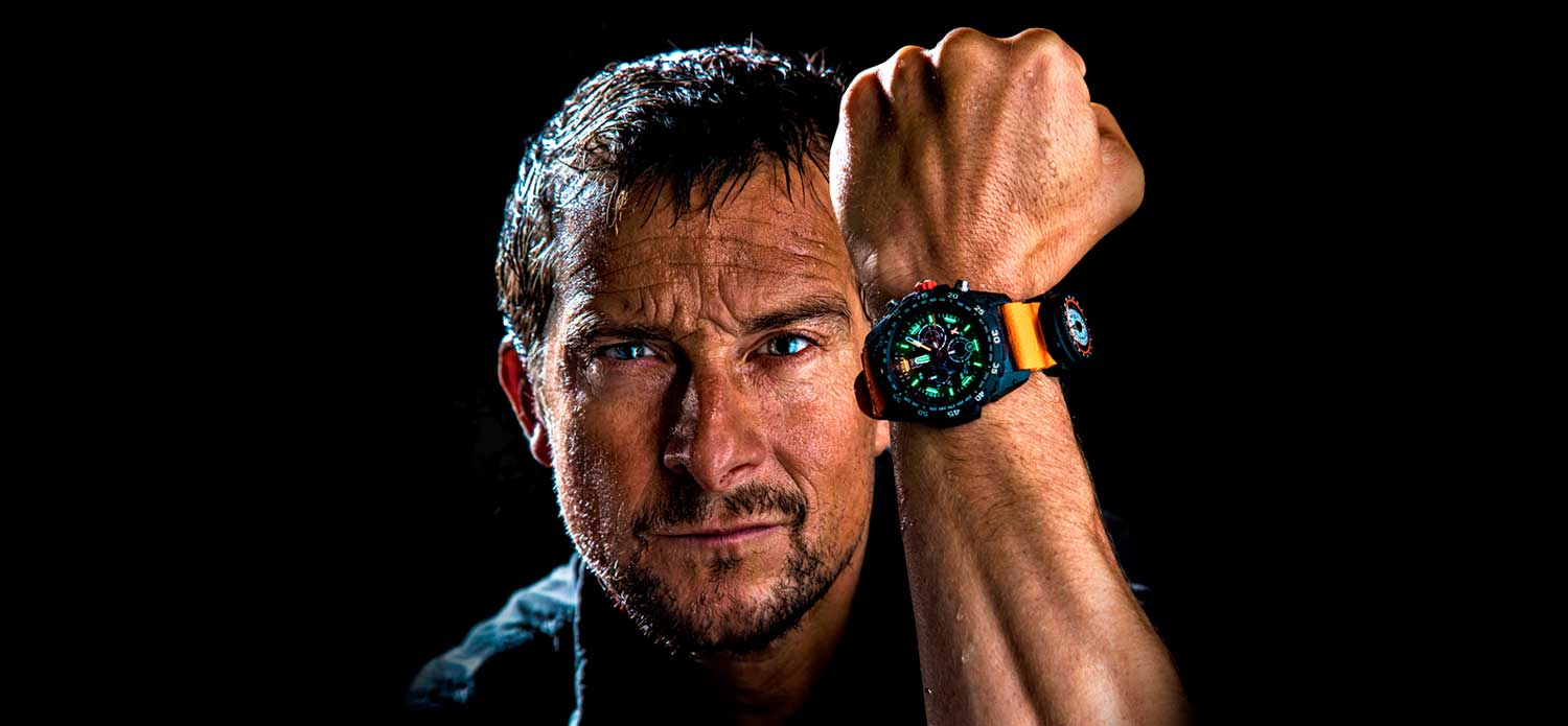 Luminox partners Bear Grylls, seen here with the Survival 3740 Master Series with orange strap.