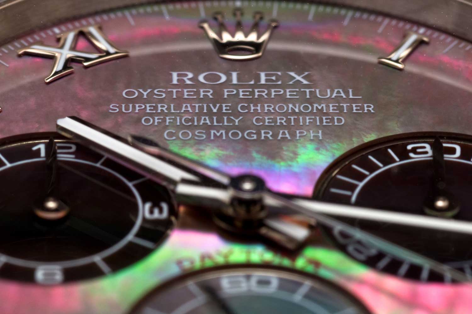 A closeup of the dial on Ross’s 2005 Daytona ref. 116519 (Image © Luca Garbati)