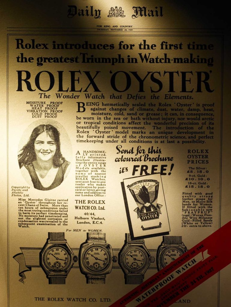 To celebrate the crossing of the channel, Rolex published a full-page ad on the front page of the Daily Mail proclaiming the success of the waterproof watch. This event marked the birth of the Testimonee concept (Daily Mail, 1927)