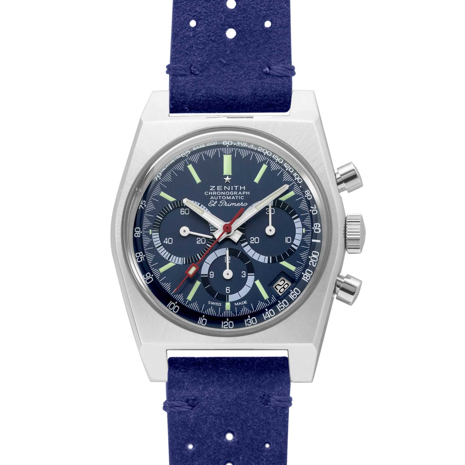 Zenith x Revolution Chronomaster Revival Ref. A3818 “Cover Girl” on a navy suede strap (Image © Revolution)