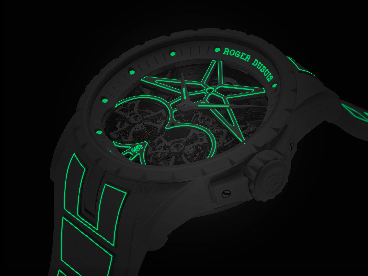 Roger Dubuis Excalibur Twofold showing off it's Super-LumiNova treated bridges and strap in the dark