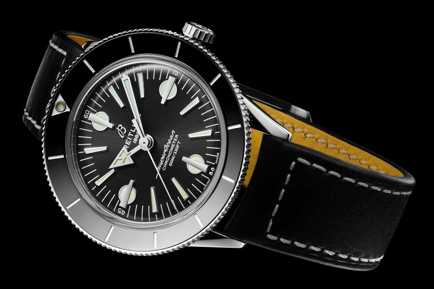 Superocean Heritage '57 with a black dial and a black vintage-inspired leather strap