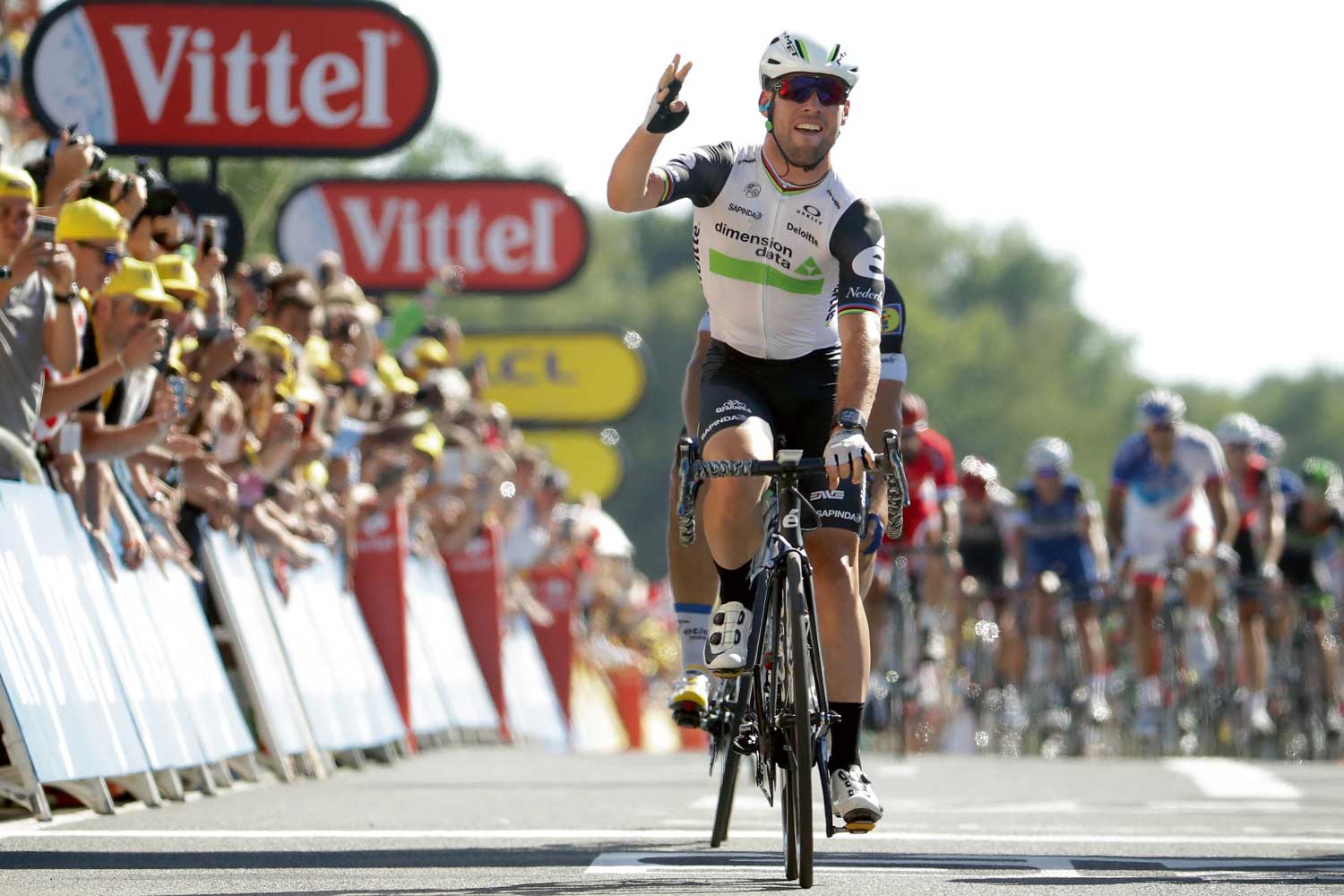 Mark Cavendish sprinting to his fourth stage win at stage 14 of the Tour de France 2016, his RM 011 Felipe Massa in carbon TPT, personally loaned to him by Richard Mille, on his wrist