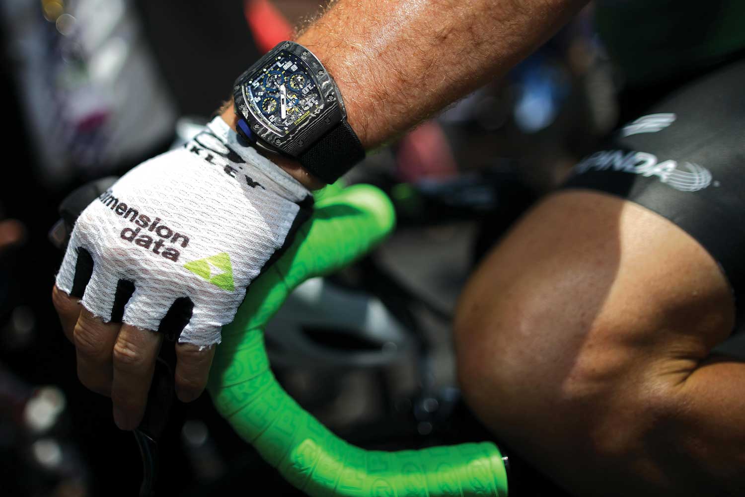 A closeup of the RM 011 on Cavendish’s wrist during his Tour de France 2016 competition