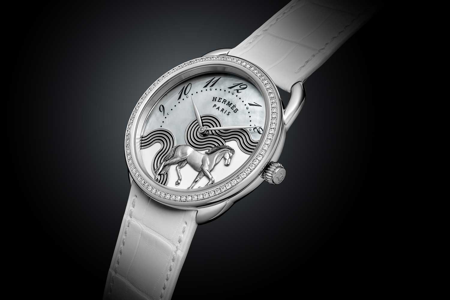 The Hermès Arceau Cheval Cosmique in mother-of-pearl and enamel dial.