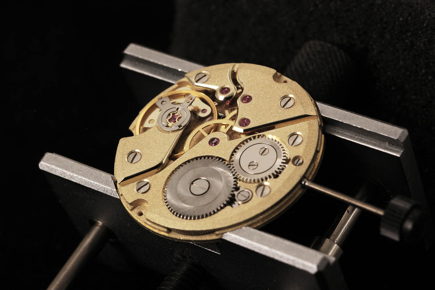 The heavily reworked Peseux 7001 manually wound movement destined for the RAW Ornament Pale Gold