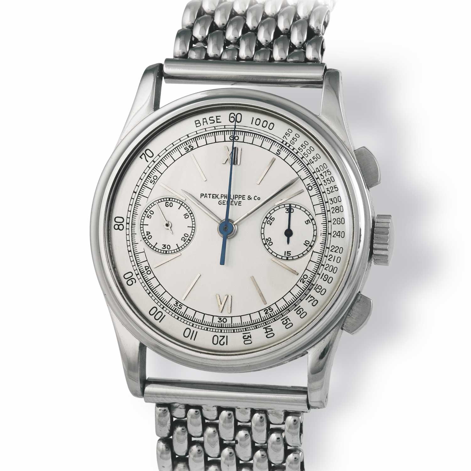 Patek Philippe ref. 530 steel chronograph with Roman numerals and baton markers, fitted on a steel “grains of rice” bracelet by Gay Frères, was sold Serpico y Laino in Caracas, Venezuela, in 1941 (Image: John Goldberger)