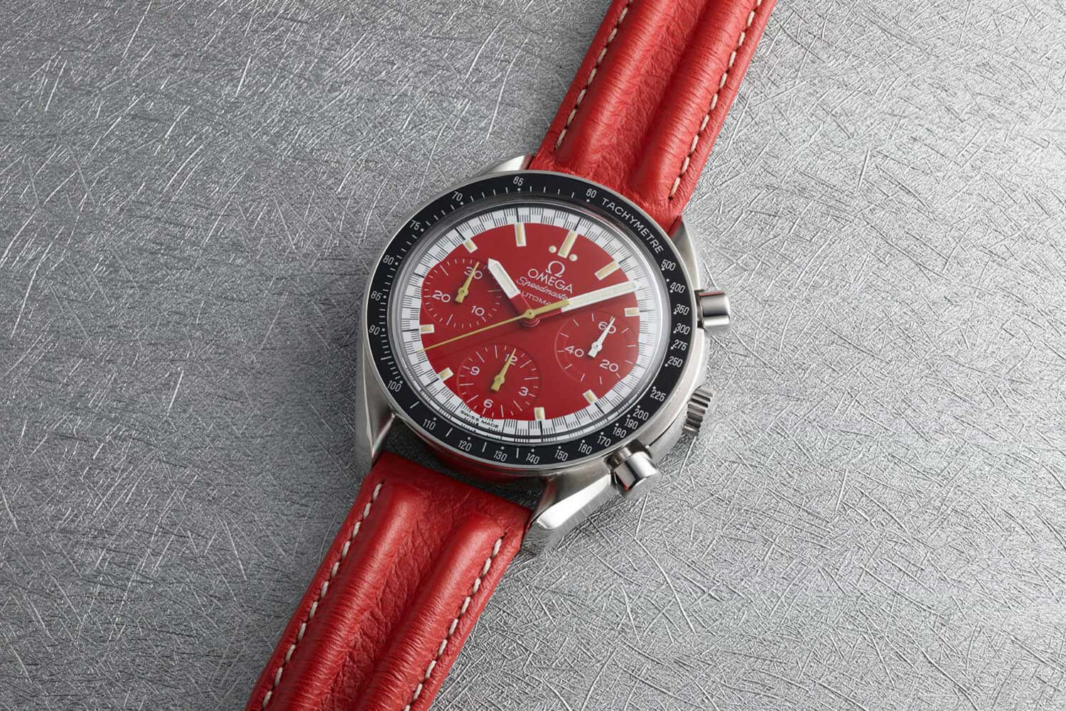 1996 Racing Speedmaster Reduced Launched by Michael Schumacher on a specially produced double ridged leather strap (Image: omegawatches.com)