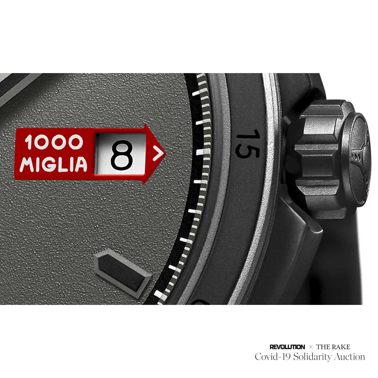 Closeup on the Mille Miglia GTS Power Control Grigrio Speciale prototype dial showcasing the sandblasted texture