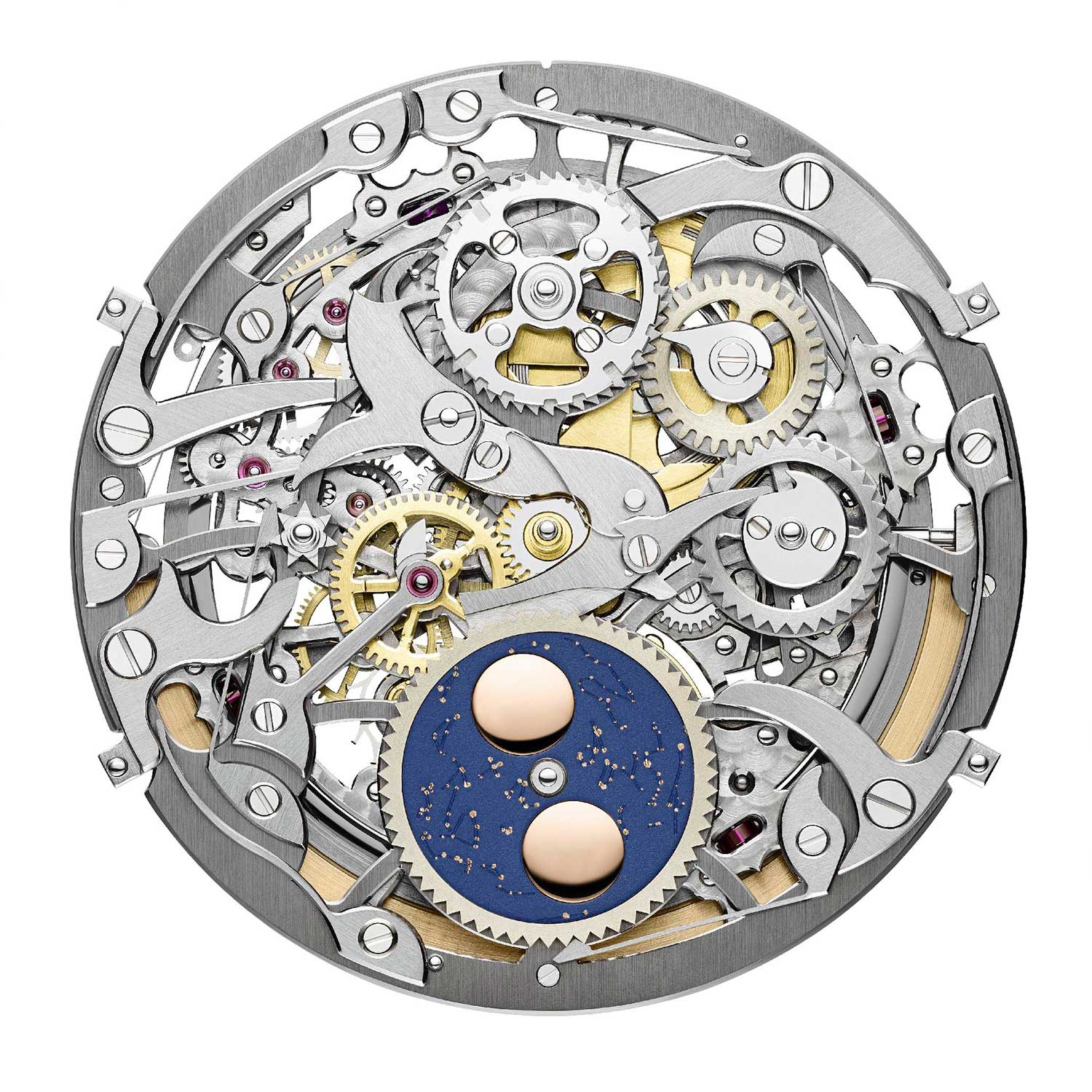 21.6mm diameter, 4.05mm thick; uncased dial side view of the caliber 1120 QPSQ powering the 2020 41.5mm Overseas Perpetual Calendar Ultra-Thin Skeleton ref. 4300V/120R-B547