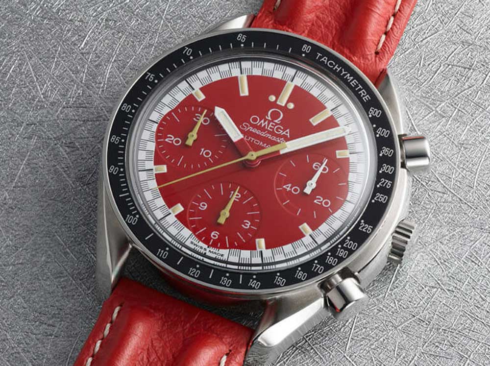 1996 Racing Speedmaster Reduced Launched by Michael Schumacher on a specially produced double ridged leather strap (Image: omegawatches.com)