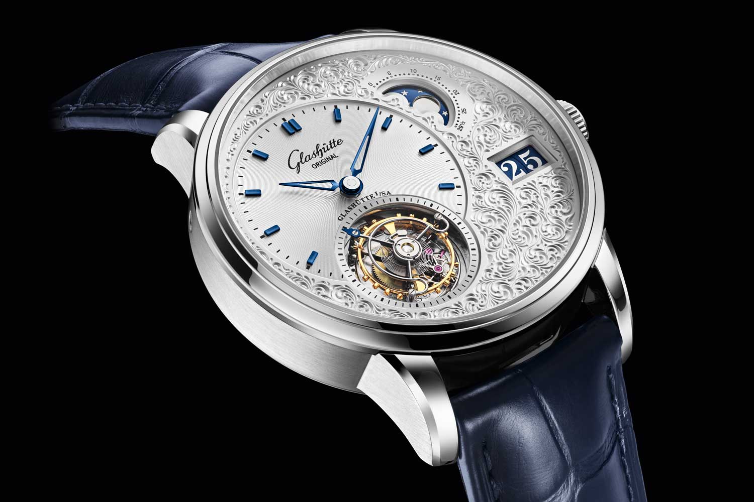 The PanoLunarTourbillon features hours, minutes, flying tourbillon with small seconds, Panorama Date, moonphase display, with a power reserve of 48 hours. A limited-edition of 25 pieces