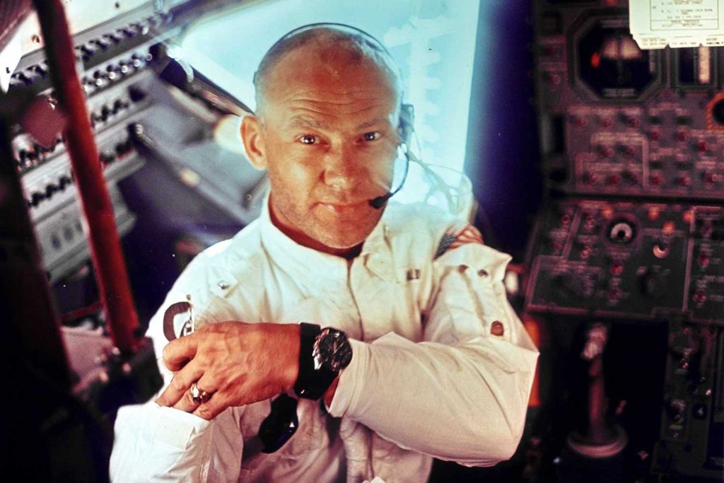 Interior view of the Apollo 11 Lunar Module showing astronaut Edwin E. Aldrin Jr. wearing his Speedmaster ref. ST 105.012 on his wrist (Image: spaceflight.nasa.gov)